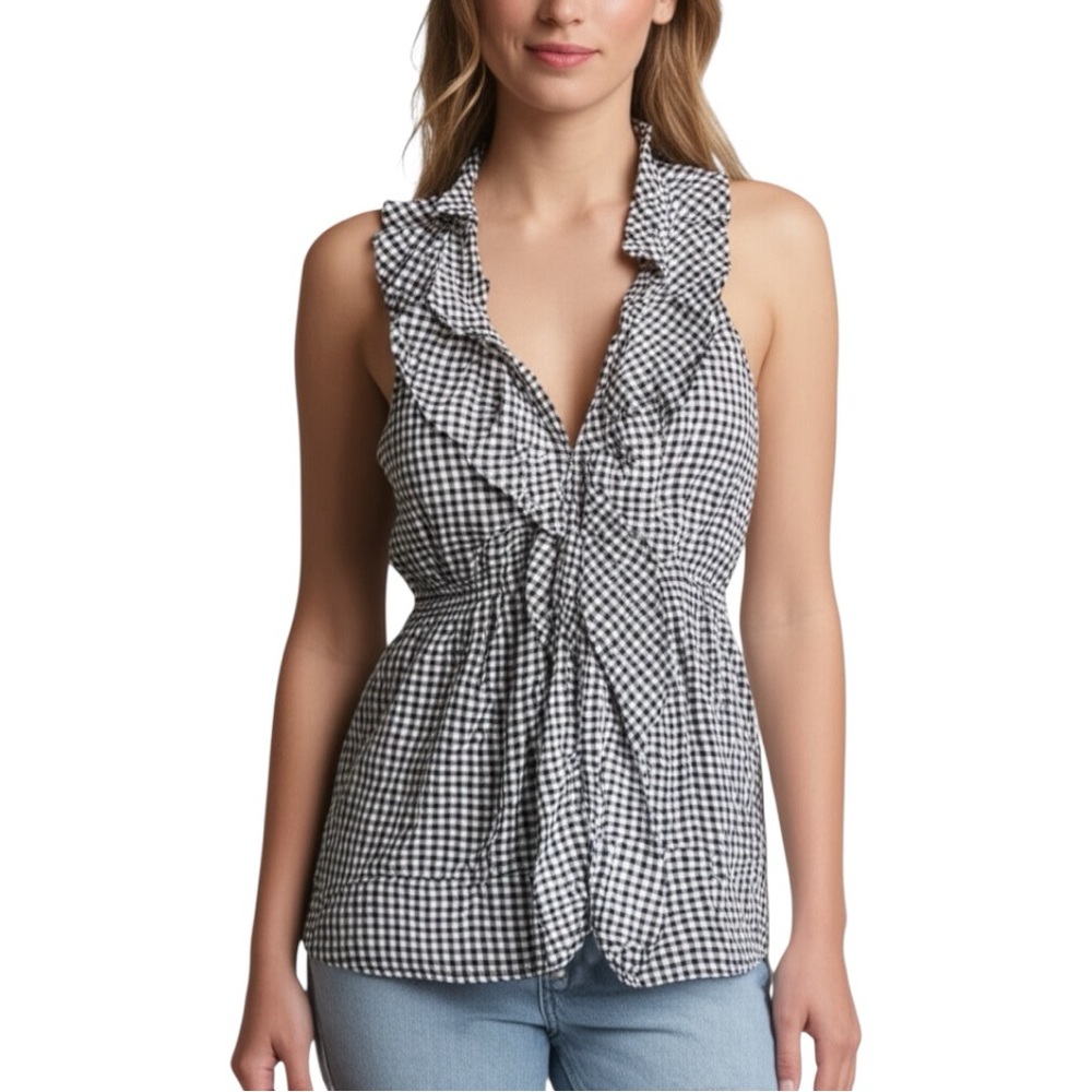 BCBG Silk Gingham Ruffle Halter Top Checkered Plaid Black White XS Boho Western